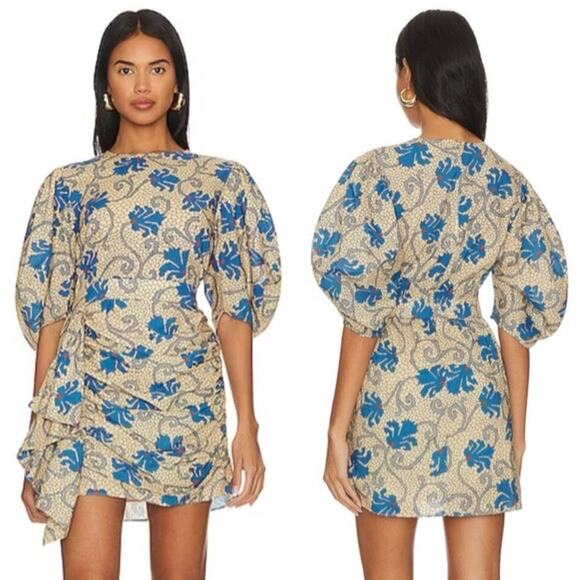 RHODE Beige Blue Floral Mosaic Blossom Pia Ruching Side Mini Dress size 6 - Picture 1 of 8